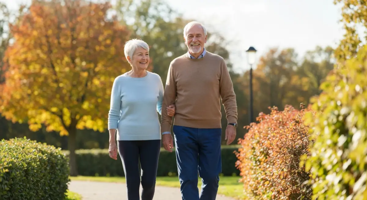 Un couple de seniors actifs marchant en extérieur