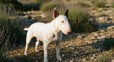 Bull Terrier standard blanc à patch bringé, élevage Kingston-Corbières dans l'Aude