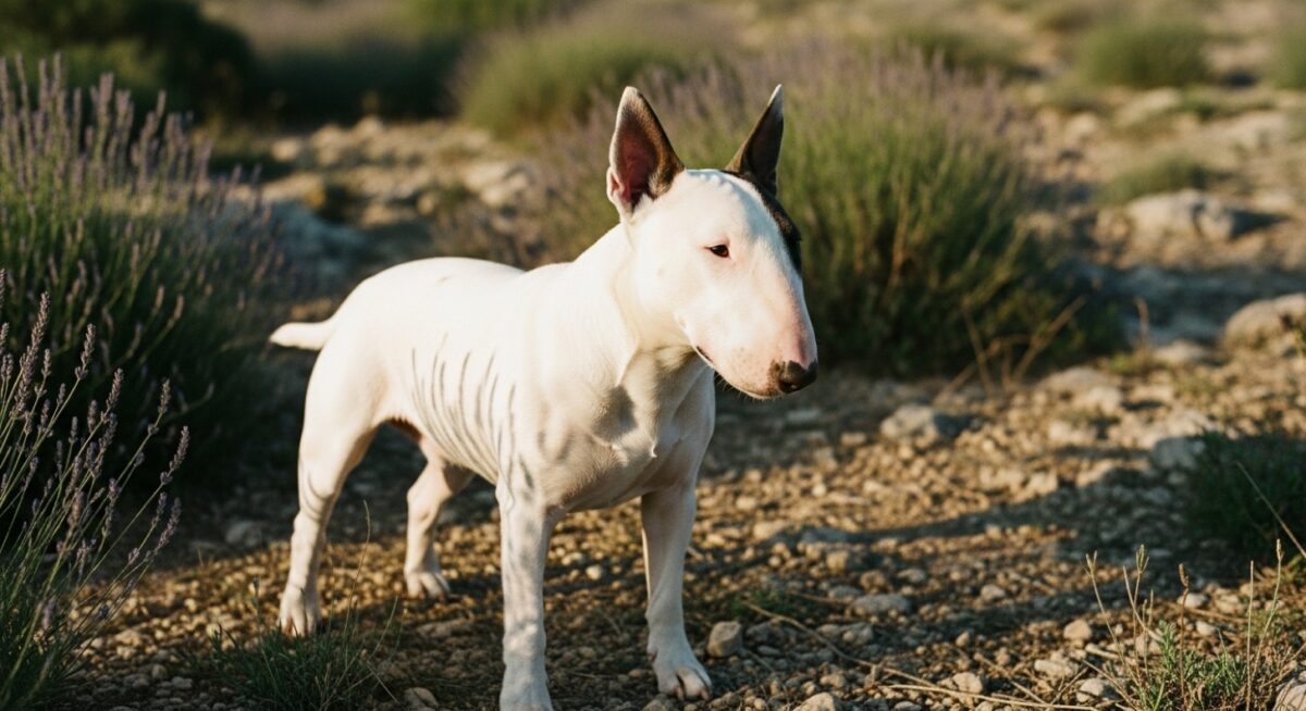 Bull Terrier standard blanc à patch bringé, élevage Kingston-Corbières dans l'Aude
